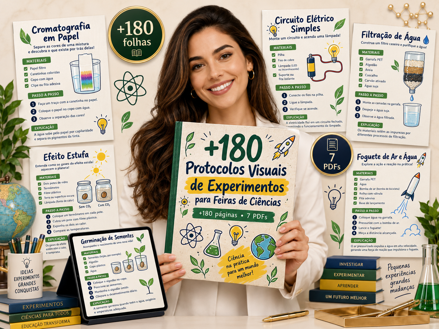 Coleção completa com mais de 180 protocolos visuais de experimentos para feiras de ciências
